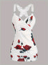 Rose Print Pleated Suspenders Butterfly Lace Cross Vest Women’s Tops